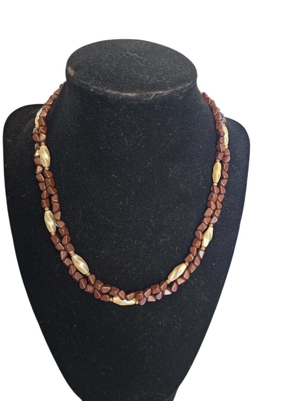 Vintage Stone? Plastic? Brown and Faux Pearl Colored Beaded Necklace 17"